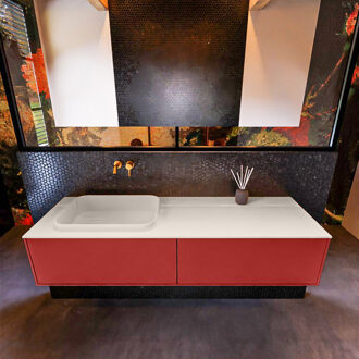 Mondiaz Badkamermeubelset Mondiaz Erin 150 cm met 2 Lades met RIDGE Wastafel Links Linen Zonder Kraangaten Greeploos Mat Fire Rood