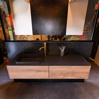 Mondiaz Badkamermeubelset Mondiaz Erin 150 cm met 2 Lades met RIDGE Wastafel Links Urban met 1 kraangat Greeploos Mat Washed Oak Eiken