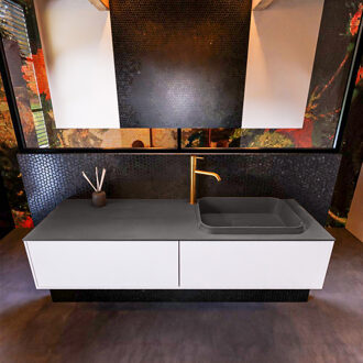 Mondiaz Badkamermeubelset Mondiaz Erin 150 cm met 2 Lades met RIDGE Wastafel Rechts Dark grey met 1 kraangat Greeploos Mat Talc Wit