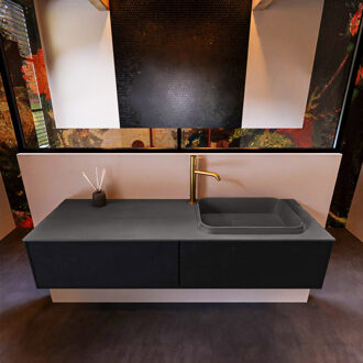 Mondiaz Badkamermeubelset Mondiaz Erin 150 cm met 2 Lades met RIDGE Wastafel Rechts Dark grey met 1 kraangat Greeploos Mat Urban Zwart