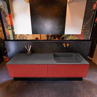 Mondiaz Badkamermeubelset Mondiaz Erin 150 cm met 2 Lades met RIDGE Wastafel Rechts Dark grey Zonder Kraangaten Greeploos Mat Fire Rood