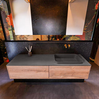 Mondiaz Badkamermeubelset Mondiaz Erin 150 cm met 2 Lades met RIDGE Wastafel Rechts Dark grey Zonder Kraangaten Greeploos Mat Washed Oak Eiken