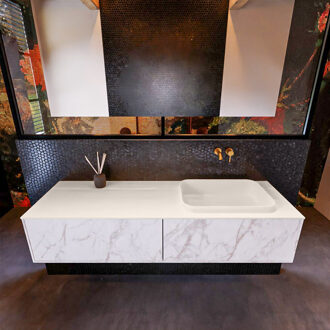 Mondiaz Badkamermeubelset Mondiaz Erin 150 cm met 2 Lades met RIDGE Wastafel Rechts Linen Zonder Kraangaten Greeploos Mat Carrara Wit