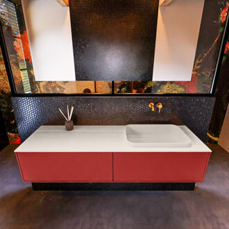 Mondiaz Badkamermeubelset Mondiaz Erin 150 cm met 2 Lades met RIDGE Wastafel Rechts Linen Zonder Kraangaten Greeploos Mat Fire Rood