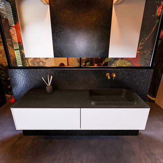 Mondiaz Badkamermeubelset Mondiaz Erin 150 cm met 2 Lades met RIDGE Wastafel Rechts Urban Zonder Kraangaten Greeploos Mat Talc Wit