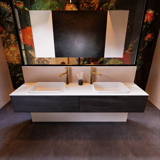 Mondiaz Badkamermeubelset Mondiaz Erin 200 cm met 2 Lades met RIDGE Wastafel Dubbel Talc met 2 kraangaten Greeploos Mat Antracite Antraciet