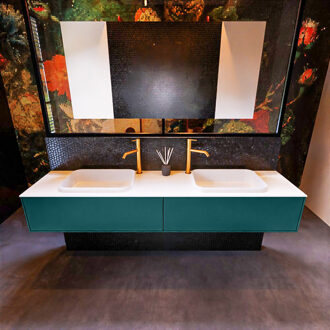 Mondiaz Badkamermeubelset Mondiaz Erin 200 cm met 2 Lades met RIDGE Wastafel Dubbel Talc met 2 kraangaten Greeploos Mat Smag Blauw