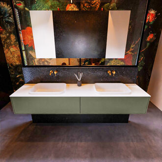 Mondiaz Badkamermeubelset Mondiaz Erin 200 cm met 2 Lades met RIDGE Wastafel Dubbel Talc Zonder Kraangaten Greeploos Mat Army Groen