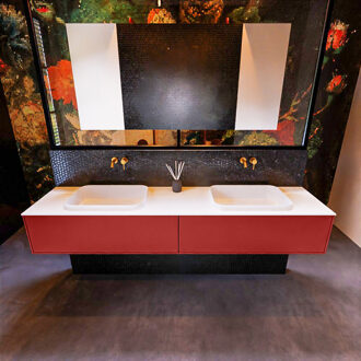 Mondiaz Badkamermeubelset Mondiaz Erin 200 cm met 2 Lades met RIDGE Wastafel Dubbel Talc Zonder Kraangaten Greeploos Mat Fire Rood