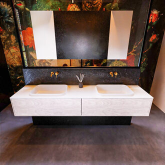 Mondiaz Badkamermeubelset Mondiaz Erin 200 cm met 2 Lades met RIDGE Wastafel Dubbel Talc Zonder Kraangaten Greeploos Mat Underlayment Eiken