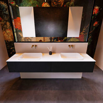 Mondiaz Badkamermeubelset Mondiaz Erin 200 cm met 2 Lades met RIDGE Wastafel Dubbel Talc Zonder Kraangaten Greeploos Mat Urban Zwart