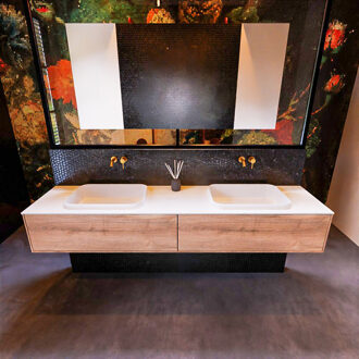 Mondiaz Badkamermeubelset Mondiaz Erin 200 cm met 2 Lades met RIDGE Wastafel Dubbel Talc Zonder Kraangaten Greeploos Mat Washed Oak Eiken