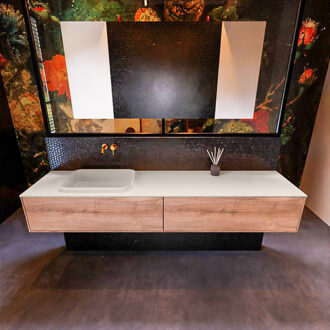 Mondiaz Badkamermeubelset Mondiaz Erin 200 cm met 2 Lades met RIDGE Wastafel Links Linen Zonder Kraangaten Greeploos Mat Washed Oak Eiken