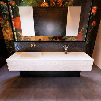 Mondiaz Badkamermeubelset Mondiaz Erin 200 cm met 2 Lades met RIDGE Wastafel Links Talc Zonder Kraangaten Greeploos Mat Underlayment Eiken