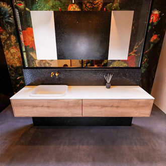 Mondiaz Badkamermeubelset Mondiaz Erin 200 cm met 2 Lades met RIDGE Wastafel Links Talc Zonder Kraangaten Greeploos Mat Washed Oak Eiken