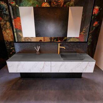 Mondiaz Badkamermeubelset Mondiaz Erin 200 cm met 2 Lades met RIDGE Wastafel Rechts Dark grey met 1 kraangat Greeploos Mat Carrara Wit