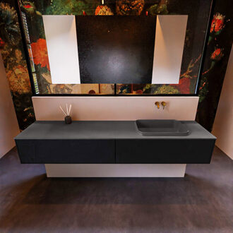 Mondiaz Badkamermeubelset Mondiaz Erin 200 cm met 2 Lades met RIDGE Wastafel Rechts Dark grey Zonder Kraangaten Greeploos Mat Urban Zwart