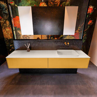 Mondiaz Badkamermeubelset Mondiaz Erin 200 cm met 2 Lades met RIDGE Wastafel Rechts Linen Zonder Kraangaten Greeploos Mat Ocher Geel