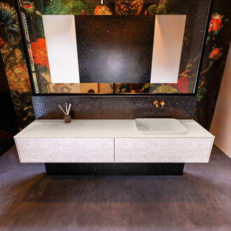 Mondiaz Badkamermeubelset Mondiaz Erin 200 cm met 2 Lades met RIDGE Wastafel Rechts Linen Zonder Kraangaten Greeploos Mat Underlayment Eiken