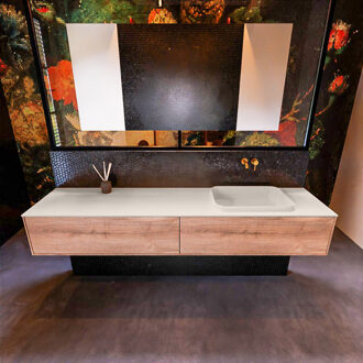 Mondiaz Badkamermeubelset Mondiaz Erin 200 cm met 2 Lades met RIDGE Wastafel Rechts Linen Zonder Kraangaten Greeploos Mat Washed Oak Eiken