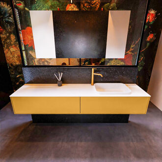 Mondiaz Badkamermeubelset Mondiaz Erin 200 cm met 2 Lades met RIDGE Wastafel Rechts Talc met 1 kraangat Greeploos Mat Ocher Geel