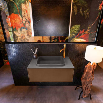 Mondiaz Badkamermeubelset Mondiaz Erin 80 cm met 1 Lade met RIDGE Wastafel Midden Dark grey met 1 kraangat Greeploos Mat Rust Bruin