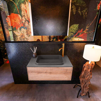 Mondiaz Badkamermeubelset Mondiaz Erin 80 cm met 1 Lade met RIDGE Wastafel Midden Dark grey met 1 kraangat Greeploos Mat Washed Oak Eiken