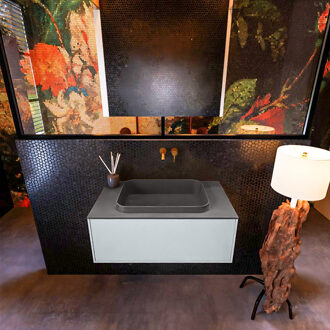 Mondiaz Badkamermeubelset Mondiaz Erin 80 cm met 1 Lade met RIDGE Wastafel Midden Dark grey Zonder Kraangaten Greeploos Mat Clay Grijs