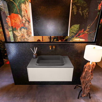 Mondiaz Badkamermeubelset Mondiaz Erin 80 cm met 1 Lade met RIDGE Wastafel Midden Dark grey Zonder Kraangaten Greeploos Mat Linen Beige