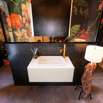 Mondiaz Badkamermeubelset Mondiaz Erin 80 cm met 1 Lade met RIDGE Wastafel Midden Talc met 1 kraangat Greeploos Mat Linen Beige