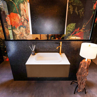 Mondiaz Badkamermeubelset Mondiaz Erin 80 cm met 1 Lade met RIDGE Wastafel Midden Talc met 1 kraangat Greeploos Mat Rust Bruin