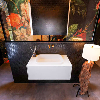 Mondiaz Badkamermeubelset Mondiaz Erin 80 cm met 1 Lade met RIDGE Wastafel Midden Talc Zonder Kraangaten Greeploos Mat Cale Grijs