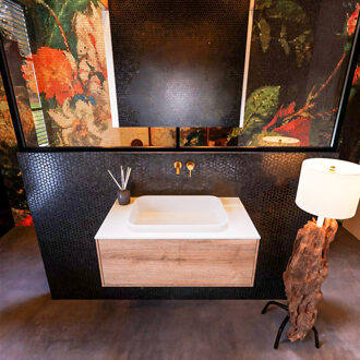 Mondiaz Badkamermeubelset Mondiaz Erin 80 cm met 1 Lade met RIDGE Wastafel Midden Talc Zonder Kraangaten Greeploos Mat Washed Oak Eiken