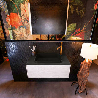 Mondiaz Badkamermeubelset Mondiaz Erin 80 cm met 1 Lade met RIDGE Wastafel Midden Urban met 1 kraangat Greeploos Mat Underlayment Eiken