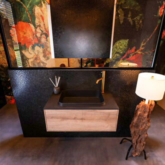 Mondiaz Badkamermeubelset Mondiaz Erin 80 cm met 1 Lade met RIDGE Wastafel Midden Urban met 1 kraangat Greeploos Mat Washed Oak Eiken