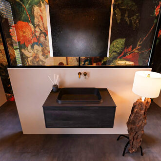 Mondiaz Badkamermeubelset Mondiaz Erin 80 cm met 1 Lade met RIDGE Wastafel Midden Urban Zonder Kraangaten Greeploos Mat Antracite Antraciet