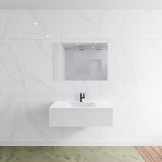 Mondiaz Badkamermeubelset Mondiaz LAGOM 100 cm Gecentreerde Waskom Solid Surface Met 1 Kraangat Mat Wit (1 lade)