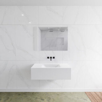 Mondiaz Badkamermeubelset Mondiaz LAGOM 100 cm Gecentreerde Waskom Solid Surface Zonder Kraangaten Mat Wit (1 lade)