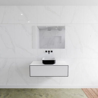 Mondiaz Badkamermeubelset Mondiaz LAGOM 100 cm Topblad met Gecentreerde Wastafel Solid Surface Opzetkom Binx Zonder Kraangat Mat Zwart (1 lade)