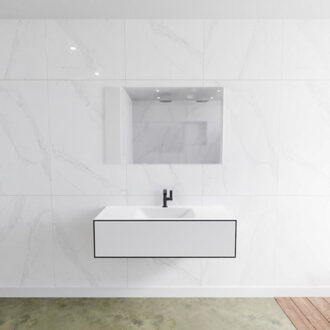 Mondiaz Badkamermeubelset Mondiaz LAGOM 110 cm met Gecentreerde Wastafel Solid Surface Met 1 Kraangat Mat Wit (1 lade)