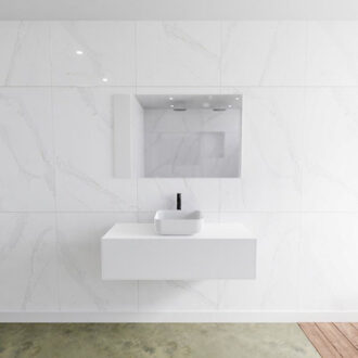 Mondiaz Badkamermeubelset Mondiaz LAGOM 110 cm met Topblad Gecentreerde Wastafel Solid Surface Opzetkom Binx Met 1 Kraangat Mat Wit (1 lade)