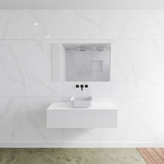 Mondiaz Badkamermeubelset Mondiaz LAGOM 110 cm met Topblad Gecentreerde Wastafel Solid Surface Opzetkom Binx Zonder Kraangaten Mat Wit (1 lade)