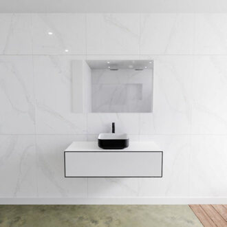 Mondiaz Badkamermeubelset Mondiaz LAGOM 110 cm Topblad met Gecentreerde Wastafel Solid Surface Opzetkom Binx met 1 Kraangat Mat Zwart (1 lade)