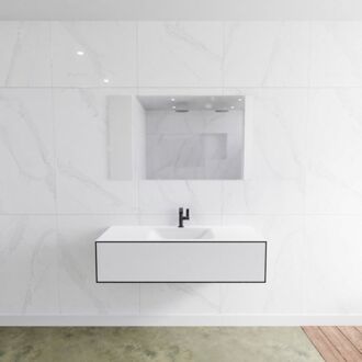 Mondiaz Badkamermeubelset Mondiaz LAGOM 120 cm met Gecentreerde Wastafel Solid Surface Met 1 Kraangat Mat Wit (1 lade)