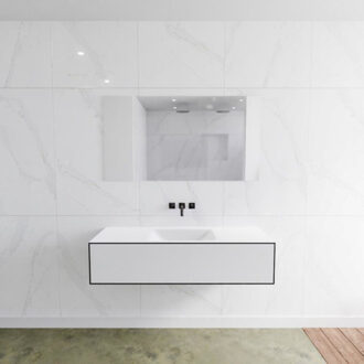 Mondiaz Badkamermeubelset Mondiaz LAGOM 130 cm met Gecentreerde Wastafel Solid Surface Zonder Kraangaten Mat Wit (1 lade)