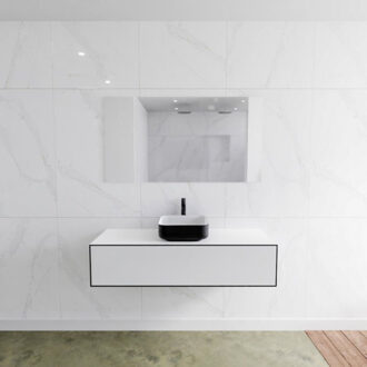 Mondiaz Badkamermeubelset Mondiaz LAGOM 130 cm Topblad met Gecentreerde Wastafel Solid Surface Opzetkom Binx met 1 Kraangat Mat Zwart (1 lade)
