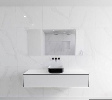 Mondiaz Badkamermeubelset Mondiaz LAGOM 150 cm Topblad met Gecentreerde Wastafel Solid Surface Opzetkom Binx Zonder Kraangaten Mat Zwart (1 lade)