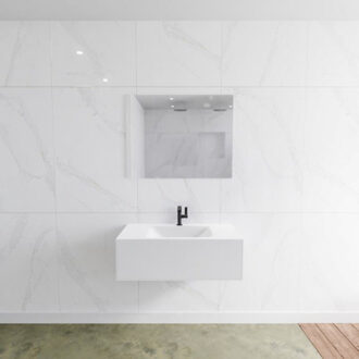 Mondiaz Badkamermeubelset Mondiaz LAGOM 90 cm Gecentreerde Waskom Solid Surface Met 1 Kraangat Mat Wit (1 lade)