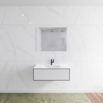 Mondiaz Badkamermeubelset Mondiaz LAGOM 90 cm met Gecentreerde Wastafel Solid Surface Met 1 Kraangat Mat Wit (1 lade)