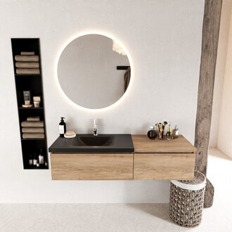 Mondiaz BUKLA 140cm badmeubel met module 60 kleur Washed Oak met 2 lades. Wastafel CLOUD links 1 kraangat kleur Urban.